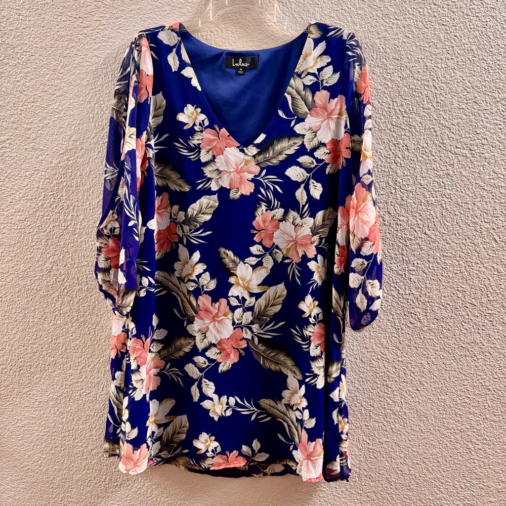 Lulu's Pink and Blue Mini Floral Hawaiian Dress with V-Neck